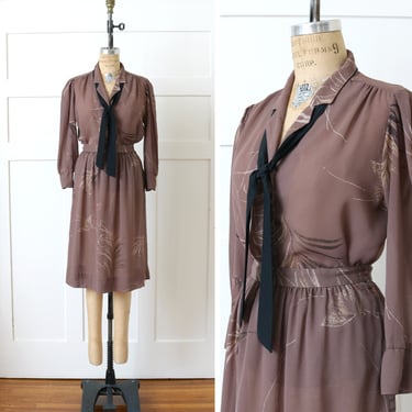 vintage 1970s 80s cocoa dress set • sheer butterfly print bow collar blouse & skirt 