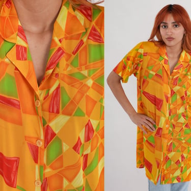 Mosaic Button Up Shirt 90s Yellow Geometric Print Blouse Button Up Shirt Short Sleeve 1990s Tropical Longline Orange Vintage Extra Large xl 