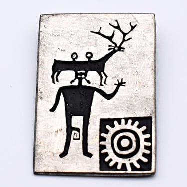 2000 Alice Seely pewter enamel Urban Fetishes brooch, man deer & sun tribal petroglyph pin 