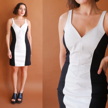 Vintage 80s White Leather Mini Dress/ 1980s Black White Wilson Dress/ Size Medium 