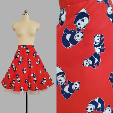 1970s Cotton Circle Skirt with Panda Bear Print - 70's Cotton Skirt - 70s Women's Vintage Size Small 26" Waist 