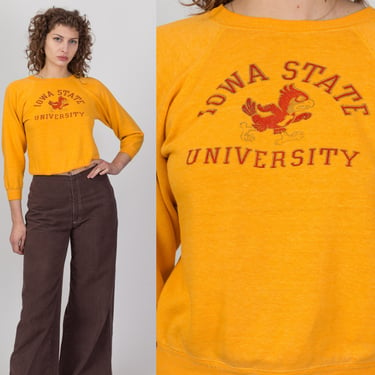 70s 80s Iowa State University Sweatshirt - Petite XS | Vintage Collegiate Pacific Yellow Raglan Sleeve Pullover 