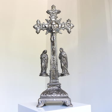 Antique French Standing Altar Crucifix &ndash; Spelter Baroque Style Cross with Four Evangelists 1920s 