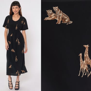 90s Animal Print Dress Giraffe Tiger Dress Black Safari Pintuck Pleated Midi 1990s Vintage Boho Short Sleeve Midi Scoop Neck Medium 8 