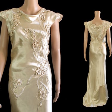 1930s Wedding Dress / 30s Candlelight Silk Satin with Embroidery and Ribbonwork Flowers 