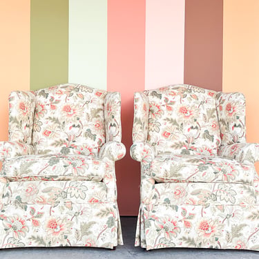 Pair of Floral Chic Upholstered Wingback Chairs