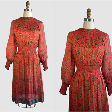 JUDITH ANN for Heiser Egan Vintage 70s Silk Dress | 1970s Semi Sheer Indian Floral Print | Made in India | Boho Bohemian Hippie | Size Small 