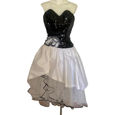 80s prom dress b 90's prom dress black white sequin cocktail gown huge puffed skirt ruffles tiered xs 
