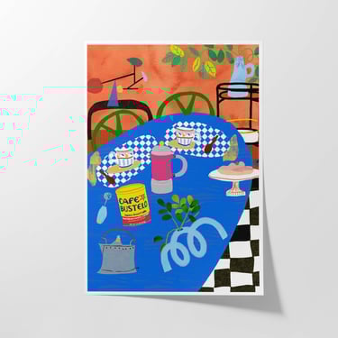Morning Coffee  Art Print – Colorful Breakfast Table with Coffee, Cups & Checkerboard Floor – Bold Latinx-Inspired Kitchen Wall Art 