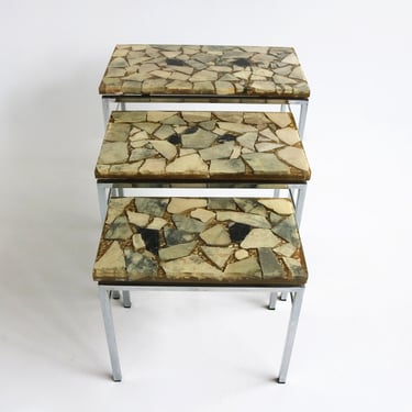 Vintage Design Onyx and Epoxy Nesting Tables Mimiset Chromed Base 60s Mimi Set Three Side Tables Sixties Stone Tables Mid Century End Tables 