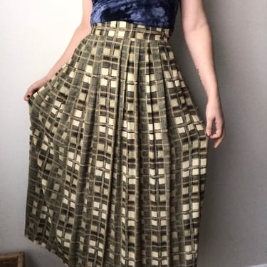 182) VINTAGE window plaid yellow abstract maxi skirt high waisted flowy neutral flesh tone butter honey tan  90s 