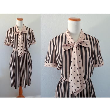 Vintage 80s Secretary Dress - Polka Dot & Striped Bow Tie Neck Office Midi Dress - Size Large 