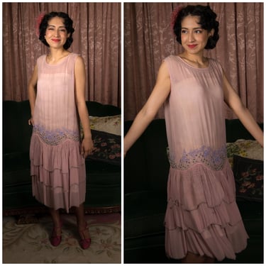 1920s Dress - Sweet Pale Lilac-Pink Silk Chiffon 20s Flapper Dress with Beads and Tiered Skirt 