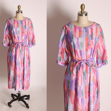 1970s Pink, Purple and Orange Half Sleeve Button Bodice Sheath Waist Tie Dress by A Nancy Frock 
