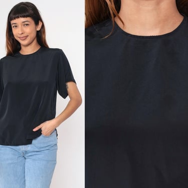 90s Silky Black Blouse Plain Shirt Short Sleeve Top Simple Basic Vintage 1990s Buttonless Pullover Shirt Oversized Small 6 