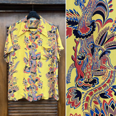 Vintage 1940’s Hula Maiden Vertical Print Rayon Hawaiian Shirt, 40’s Tropical Print, Vintage Clothing 