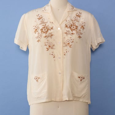 Creme Silk Embroidered Blouse M