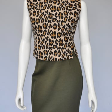 1960s olive green leopard 3 piece skirt shirt jacket set XS 