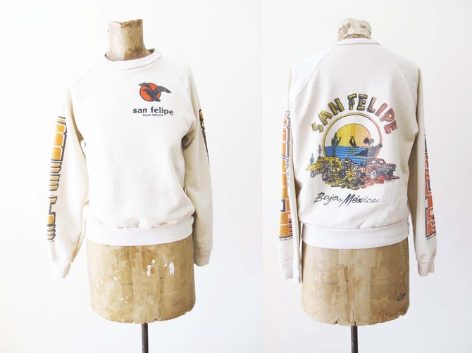 80s Baja San Felipe Mexico Raglan Sweatshirt Small - Vintage 1980s Spell Out Souvenir Pullover - Cactus Dirt Bikes Surf Ocean 