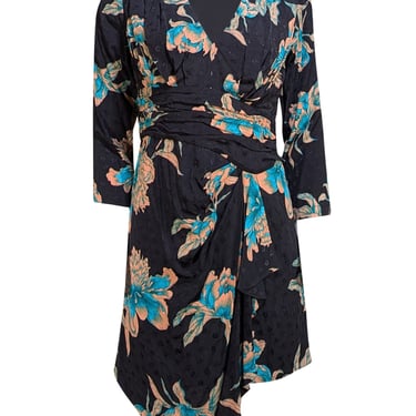 Sandro - Black w/ Peach & Teal Floral Print Jacquard Draped Dress Sz 6