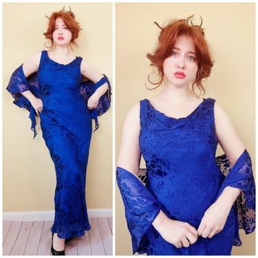 Y2K Alex Evening Sapphire Blue Evening Gown / Vintage 90s Blue Floral Silk Beaded Bias Cut Dress With Shawl / Large 