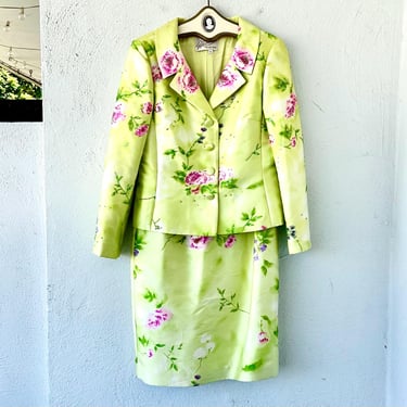 Vintage Beaded Floral Silk Dress Jacket Set Bright Green Blazer Sheath Dress 