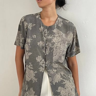 90s silk blouse / vintage wallpaper floral short sleeve silk long tunic crewneck blouse | Medium Large 