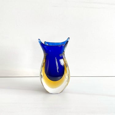 Vintage Italian Murano Sommerso  Design Art Glass Vase Clear, Yellow,  Blue 7" Tall Italy Mid Century Modern Modernist 