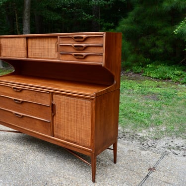 Danish Modern two piece hutch cabinet with cane detail Mid Century Modern 