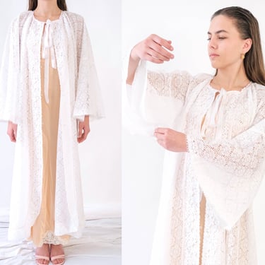 Vintage 70s Ivory Floral Gauze Lace Button Up Duster Robe w/ Peach Ribbon Trim & Bell Sleeves | 1970s Ethereal Romantic Lingerie Noir Robe 