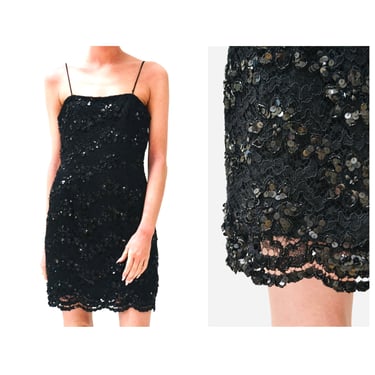 Vintage 90s 00s Black Dress lace Sequin Tank Camisole Slip Dress XS Small// Vintage 90s Sexy Prom Party Dress Black Lace Sequin DRess Small 
