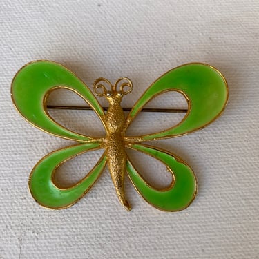 Mid Century Modern Dragonfly Pin Brooch, Mod Green Dragonfly, Stylized Design, 70's Vintage Jewelry, Spring Summer, Kelly Green Gold tone 