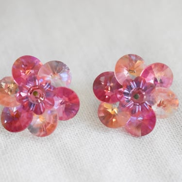 1960s Pink Iridescent Rivoli Rhinestone Clip Earrings 