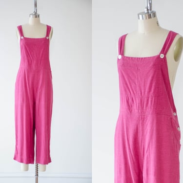 red linen overalls | 90s plus size vintage dark red magenta pink loose wide leg linen cropped overalls 