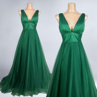 VINTAGE Handmade Green Tulle Ball Gown Y2K Deep Plunge Prom Dress | 1990s Full Sweep Formal Evening Red Carpet Dress | VFG 