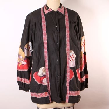 1950s Novelty Puppies and Presents Black Long Sleeve John Wolf Print Blouse Smock Top 