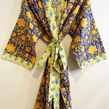 Hand Block Print Kimono Robe, Cotton Bathrobe, Lightweight Cotton Robe, Cotton Dressing Gown, Floral Kimono, Wood Block Printed, Midi Robe 