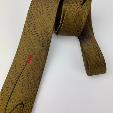 1950's-60's Tie - Squiggle ARROW Pattern - Beau Brummell Label - All Silk - Deep Golden Background with Black & Red 