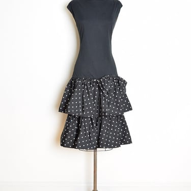 vintage 80s dress black white polka dot drop waist ruffle party prom midi M clothing 