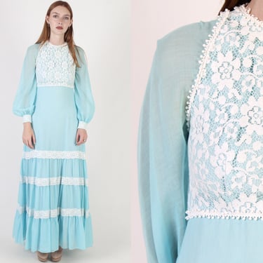 Vintage 70s Bohemian Festival Dress, White Floral Lace Halter Bodice, Turquoise Voile Long Tiered Maxi Gown 