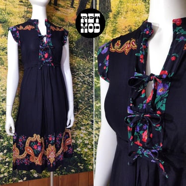 Boho Vintage 70s Dress by Young Reflections on Black Floral & Paisley Print 