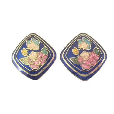 Cloisonné Earrings with Flowers and Butterflies, Royal Blue Earrings with Pink Rose, Clip on Earrings, Vintage Jewelry, Cottagecore 