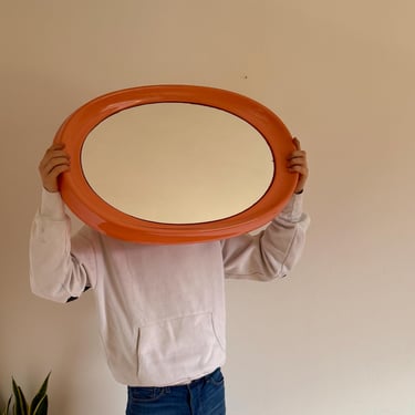 Orange Space Age Plastic Mirror / Mid Century Modern Mirror / Vintage Oval Wall Mirror / Retro Mirror / Pop Art Mirror / Yugoslavia / 1970s 