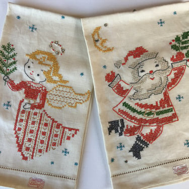 MCM Christmas Guest Towels, Cross Stitch, Paragon Needlecraft, Pure Linen, Kitschy Santa And Angel Tea Towels, 
