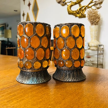 Vintage Candle Holders Orange Glass Pebbles 