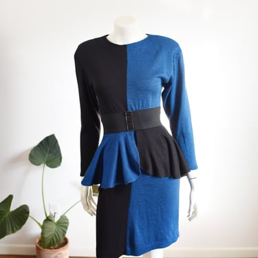 1980s Blue Houndstooth Bodycon Dress - S/M 
