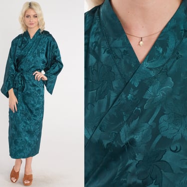 Long Green Robe 90s Floral Lingerie Bed Jacket Embossed Flower Print Tie Front Lounge Maxi Pajama Vintage 1990s Medium Extra Large M L XL 