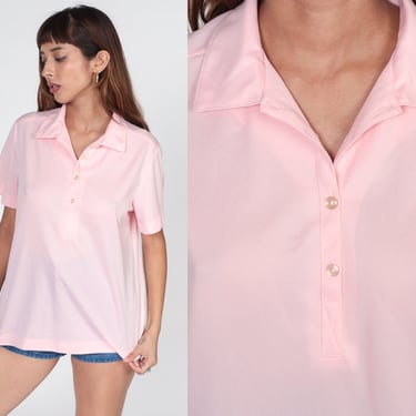 70s Polo Shirt Baby Pink Blouse Collared Shirt Retro Seventies Top Plain Simple Boho Blouse Short Sleeve Vintage 1970s Large L 