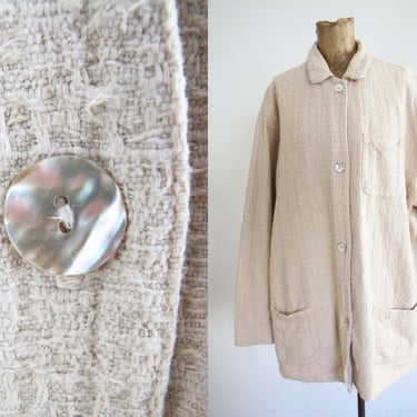 Vintage Linen Blend Chore Coat L Oversized - 90s Neutral Beige Off White Textured Womens Chore Jacket - Minimalist Oversized Jacket 