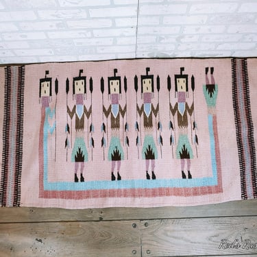 Pink Native American Indian Textile Navajo Yei Rug Hanging 59"x29.5" 